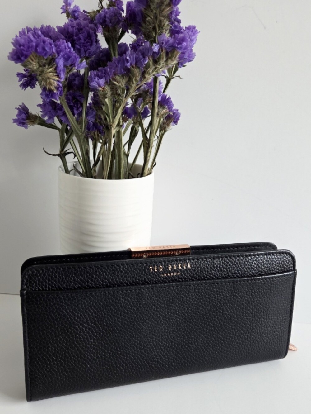 Ted Baker London Black Leather Zip Around Long Wallet With Rose Gold Hardware
